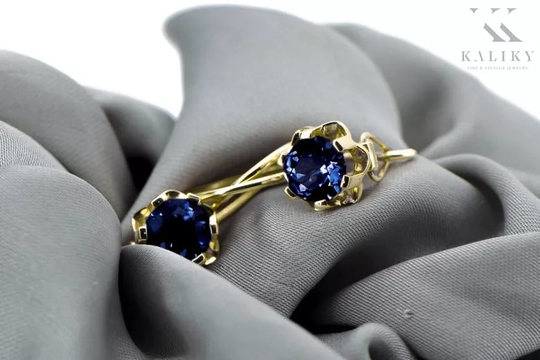 Pendientes Zafiro Oro amarillo de 14 quilates Artesanía vintage vec019y